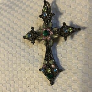 Rare & antique style cross with green & pink cubic zirconia.